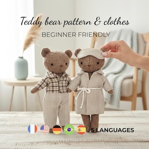 May include: Two brown plush teddy bears with embroidered features. One bear wears a brown and white plaid shirt with beige trousers. The other bear wears a beige robe with a matching sleep mask. Text reads: Teddy bear pattern & clothes BEGINNER FRIENDLY.