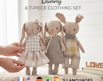Bunny sewing pattern - Easy Rabbit Toy Sewing Pattern - Stuffed easter bunny patterns, Little bunny with dress to sew, Tiny Bunny Plush