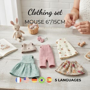 ネズミの服の型紙（PDF）、15cmのネズミ、6点セットのミニチュアワードローブ