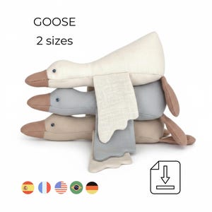May include: Three plush goose toys stacked. The top goose is off-white, the middle one is grey, and the bottom one is beige. Each has a brown beak and feet. The text "GOOSE" and "2 sizes" is at the top.