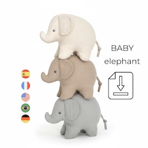 May include: Three soft toy elephants in a stack. The top elephant is off-white, the middle one is tan, and the bottom one is grey. Each has blue eyes and a small tail. The text "BABY elephant" is displayed next to a download icon.