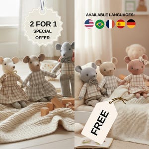 May include: A collection of soft toy mouse dolls in different shades, dressed in plaid outfits and bow ties. The image features a "FREE" tag and a sign that reads "2 FOR 1 SPECIAL OFFER".