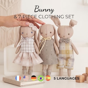 Patrón de costura de conejito - Patrón de costura fácil para conejito de juguete - Patrones de conejito de Pascua de peluche, conejito pequeño con vestido para coser, conejito de peluche diminuto