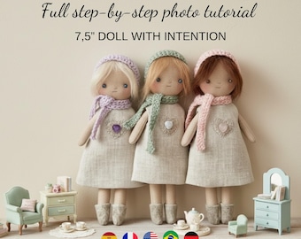 Doll sewing pattern, handmade rag cloth doll pattern, fabric mini doll pattern, Tiny doll patterns to sew, Pattern for tiny dolls