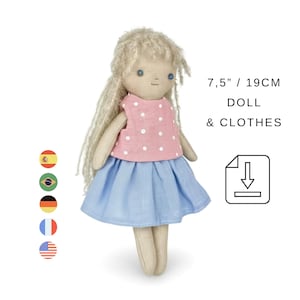 Patron de couture pour poupée – 19 cm/7,5 po. Chiffon en tissu facile, petite poupée et chemisier, jupe (PDF)