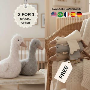 May include: Two plush goose toys, one light pink and one gray, sit on a wooden surface. Stacked on a wicker chair are three more goose toys in white, gray, and beige. A tag reads "FREE" and another says "2 FOR 1 SPECIAL OFFER".