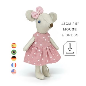 Cartamodello PDF per cucire un topo – Bambola topo da 13 cm (5 pollici) con vestito, taglia Maileg