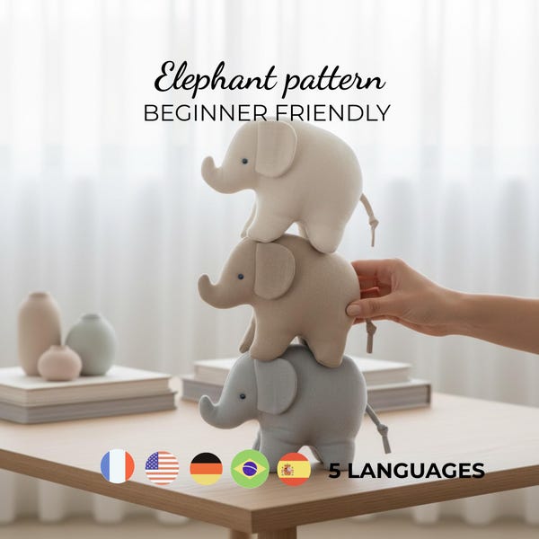 Molde de Costura de Elefante – Molde fácil para costurar brinquedo de bebê, decoração de quarto infantil, bichinho de pelúcia, elefante de pelúcia para iniciantes.