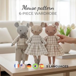 May include: Three plush mouse dolls with plaid outfits. The mouse on the left wears a bow tie and pants. The other two mice wear dresses. The text above reads "Mouse pattern 6-piece wardrobe".
