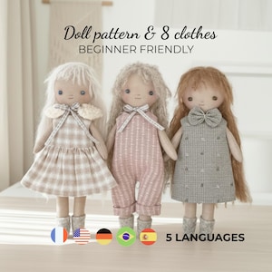 May include: Three handmade dolls with long hair and fabric clothing. The dolls are wearing a plaid dress, pink jumpsuit, and gray dress. The text above the dolls reads "Doll pattern & 8 clothes BEGINNER FRIENDLY". The image also includes flags and the text "5 LANGUAGES".
