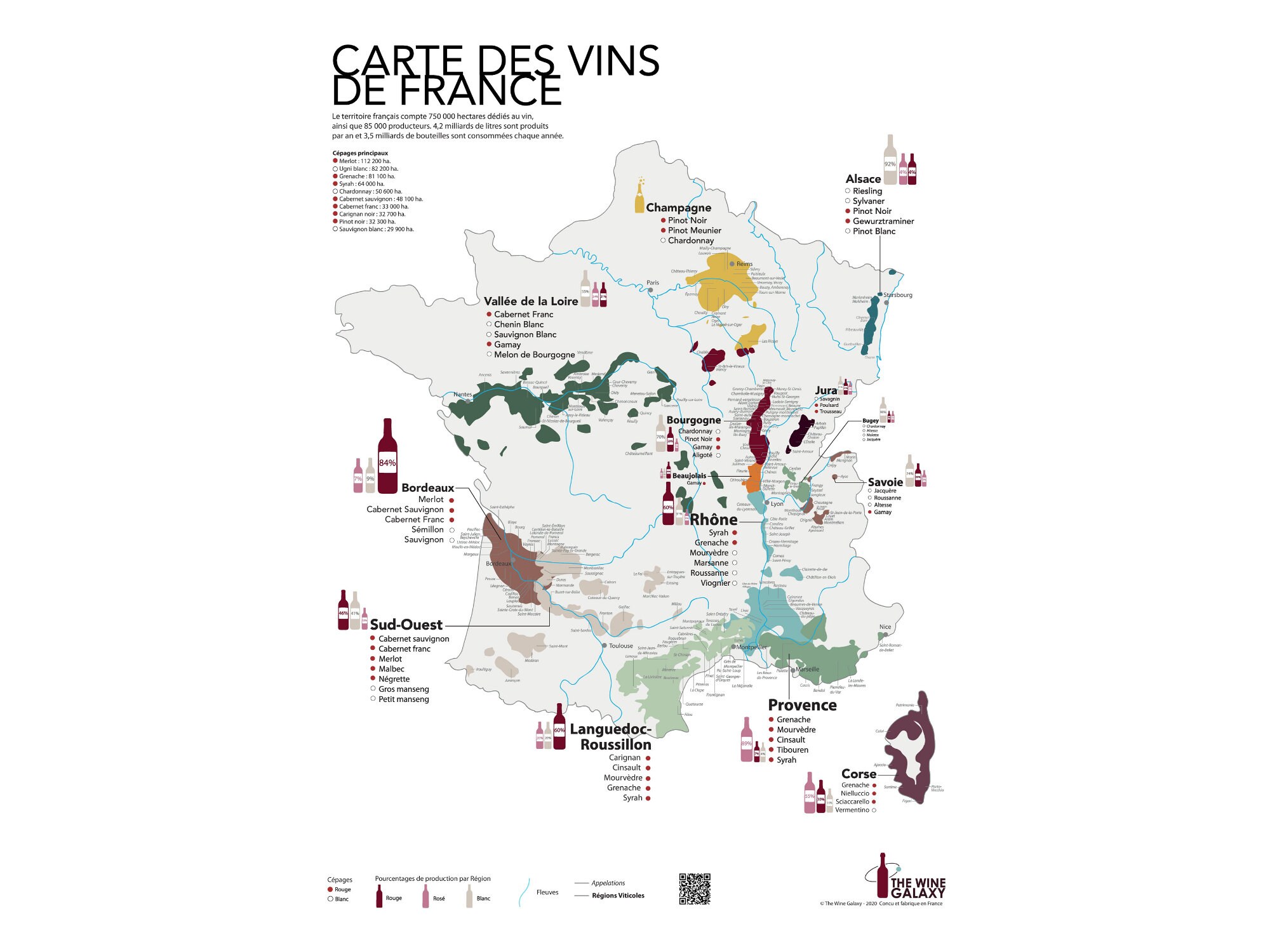 Carte Imprimée Des Vins de France et Régions Viticoles | Format Standard 50x70cm | Affiche Murale su