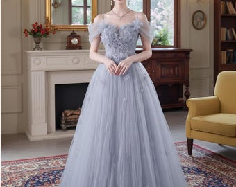 Light Grey Fairy Prom Dress,Floral Tulle Gown,Romantic Lace Applique Gown,Wedding Guest Dress,Formal Party Wear,Off Shoulder Evening Dresses