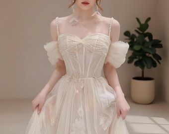 Fantasy White Gold Tulle Prom Dress,Party Birthday Dress,Off Shouder Gown,Fairy Dress,Evening Shower Long Dress,Graduation Gown,Gift for Her