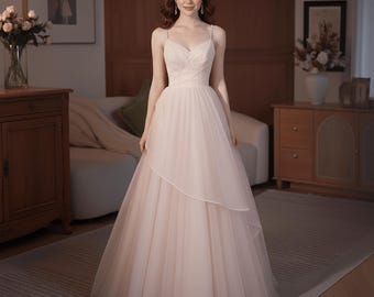 Elegant Beige Straps Tulle Prom Dress,Simple Dress,Bridal Party Gown,Cocktail Dress,Party Dress,Fairy Ball Gown,Evening Gowns,Birthday Dress