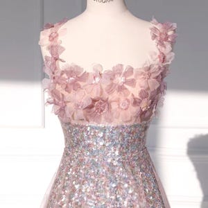 Fantasy Pink Flower Tulle Prom Dress,Fairy Party Dress,Birthday Ball Gown,Cocktail Long Dress,Graduation Ball Gown,Gift for Her,Floral Dress