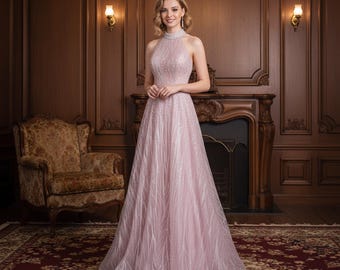 Sprankelende galajurk met halternek, roze glitter-avondjurk, cocktailbaljurken, baljurk met kralen, elegante bruiloftsgastjurk, jurken voor feest