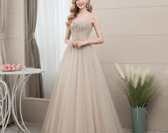 Elegant Beige Tulle Straps Ball Gowns,Cocktail Prom Dress,Party Dress,Beige Prom Dress,Birthday Gowns,Evening Gowns,Simple Formal Prom Dress