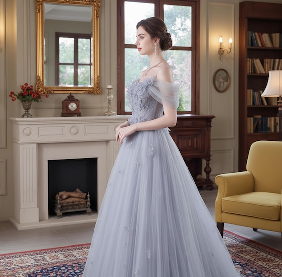 Light Grey Fairy Prom Dress,floral Tulle Gown,romantic Lace Applique Gown,wedding Guest Dress,formal Party Wear,off Shoulder Evening Dresses