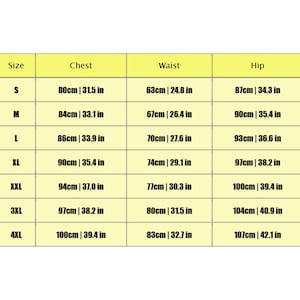 May include: A size chart with measurements in both centimeters and inches. The chart includes sizes S to 4XL, with chest, waist, and hip measurements. The background is a light yellow color.