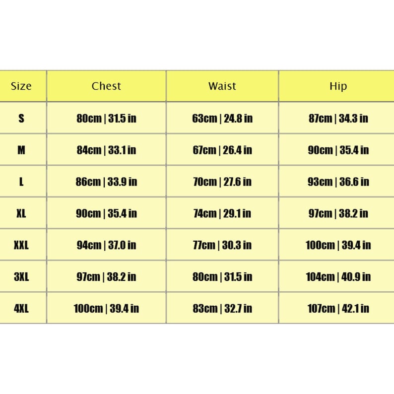 May include: A size chart with measurements in both centimeters and inches. The chart includes sizes S to 4XL, with chest, waist, and hip measurements. The background is a light yellow color.
