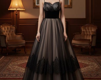 Luxe zwarte kanten tule avondjurk, avondjurk met spaghettibandjes, vintage jurk, formele feestjurk, trouwjurk, cocktailjurk, cocktailjurk