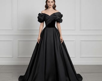 Minimalist Black Satin Prom Dress,Black Princess Dress,Puffy Tulle Dress,Wedding Formal Dress,Wedding Dress,Birthday Gown,Party Evening Gown