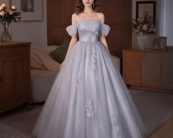 Fantasy Gray Princess Prom Dress Tulle,Evening Party Dress,Cocktail Gown,Birthday Gown,Graduation Party Dress,Off Shouder Dress,Flower Dress