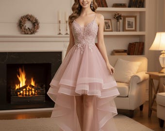 Fairy Pink Strap Tulle Prom Dress,Summer Formal Long Dresses,Short Dresses,Evening Birthday Ball Gowns,Graduation Party Dress,Pink Ball Gown
