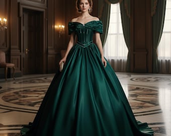 Elegant Green Satin Prom Dress,Dark Green Quinceañera Dress,Cocktail Princess Dress,Evening Ball Gown,Formal Party Dress,Puffy Satin Dresses