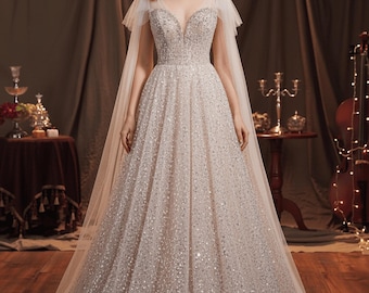 Luxury Beige Long Shouder Tulle Prom Dress,Beige Ball Gown,Dress for Evening Party Birthday Graduation,Formal Prom Dresses,Beaded Prom Dress