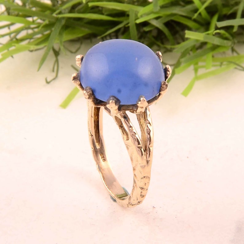 Aqua Chalcedony Gemstone Beautiful Brass Designer Handmade Ring Jewelry March Birthstone Woman Ring Stone Shape Round Chalcedony Ring