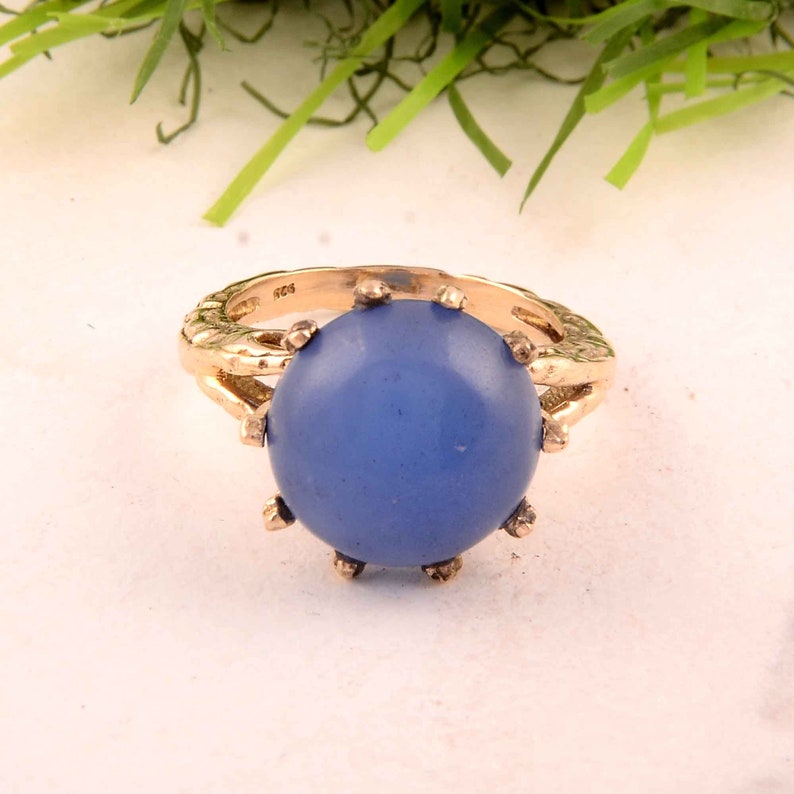 Aqua Chalcedony Gemstone Beautiful Brass Designer Handmade Ring Jewelry March Birthstone Woman Ring Stone Shape Round Chalcedony Ring