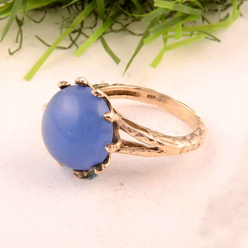 Aqua Chalcedony Gemstone Beautiful Brass Designer Handmade Ring Jewelry March Birthstone Woman Ring Stone Shape Round Chalcedony Ring