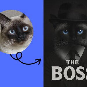 May include: A Siamese cat's face in a circle on a blue background, with an arrow pointing to a dark image of a cat in a suit, hat, and cigar, with the text "THE BOSS". The cat has bright blue eyes.
