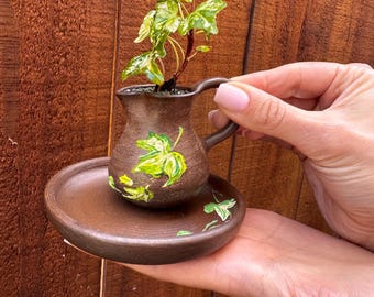 Variegated Ivy Plant in Hand-Painted Creamer Planter – Upcycled Eco Decor