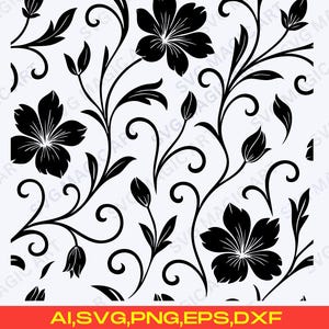 May include: Black floral pattern on a white background. The design features stylized flowers, leaves, and vines. The image includes the text "AI, SVG, PNG, EPS, DXF" in a red banner at the bottom, indicating file formats.