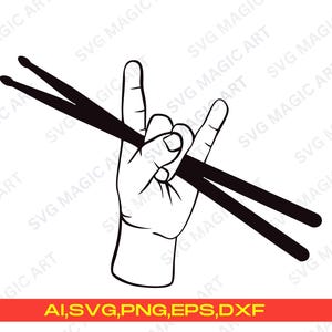 Può includere: Grafica in bianco e nero di una mano che fa il gesto del rock and roll, che tiene due bacchette nere. L'immagine include il testo "AI, SVG, PNG, EPS, DXF" in un banner rosso in basso. Lo sfondo è bianco.