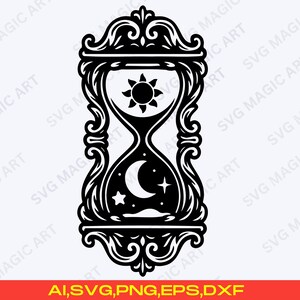 May include: Black and white hourglass design with sun and moon symbols. The hourglass is framed by ornate scrollwork. The bottom of the image has the text "AI, SVG, PNG, EPS, DXF".
