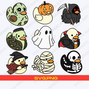 Könnte beinhalten: Illustration von neun Halloween-Gummienten. Jede Ente ist als eine andere gruselige Figur verkleidet, darunter ein Zombie, ein Kürbis, der Sensenmann, Frankenstein, ein Geist, ein Vampir, eine Hexe, eine Mumie und ein Skelett. Der Text "SVG, PNG" befindet sich unten.