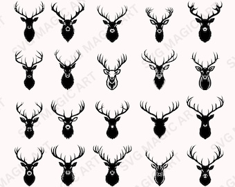 20 pacote de silhueta de cabeça de veado, formato de veado SVG, monograma de cabeça de veado, clipart de rosto de veado com chifres, vetor, cricut e impressão de silhueta