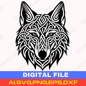Op de afbeelding: Zwart-wit digitale afbeelding van een wolfskop, weergegeven in een Keltisch knoopontwerp. Het kunstwerk heeft gedetailleerde, wervelende patronen. De afbeelding bevat de tekst "DIGITAL FILE" en bestandstypen: AI, SVG, PNG, EPS en DXF.