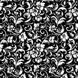 May include: A seamless pattern featuring a black background with a repeating white floral design. The pattern includes stylized flowers, leaves, and swirling vines, creating a classic, ornate aesthetic.