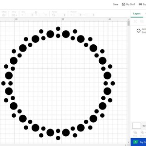 May include: A black circle frame design composed of various sized black circles. The design is on a white grid background. The image is a screenshot from a design software.