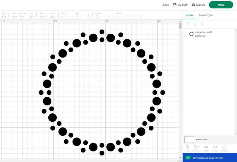 May include: A black circle frame design composed of various sized black circles. The design is on a white grid background. The image is a screenshot from a design software.