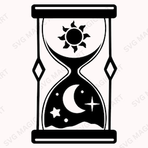 May include: Black and white hourglass design featuring a sun, moon, and stars. The top of the hourglass has a sun, while the bottom half has a crescent moon, stars, and dots. The design is framed by a black border.