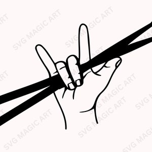 Könnte beinhalten: Schwarz-Weiß-Illustration einer Hand, die das Rock-Zeichen macht und zwei schwarze Trommelstöcke hält. Im Hintergrund steht der Text "SVG MAGIC ART".