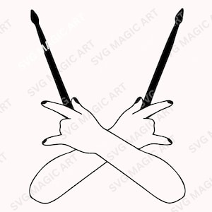 Può includere: Illustrazione in bianco e nero di mani incrociate che tengono bacchette. Le mani fanno il gesto del rock, con gli indici e i mignoli estesi. Le bacchette sono nere e angolate.