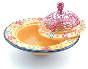 Handmade Sugar Bowl With Lid - Hand Painted Turkish Pottery