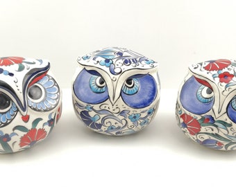 手描きの陶器製フクロウの置物 | トルコ風のゴールド装飾のインテリア