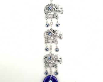Tres elefantes hechos a mano colgantes de pared - Evil Eye - Nazar Alloy